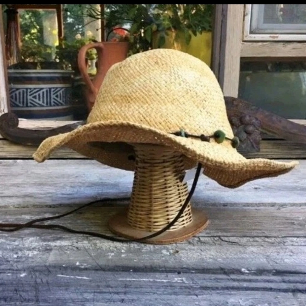 Vintage Distressed Scala Straw Hat Wide Brim Turquoise LeatherBand Western Boho - Picture 2 of 7